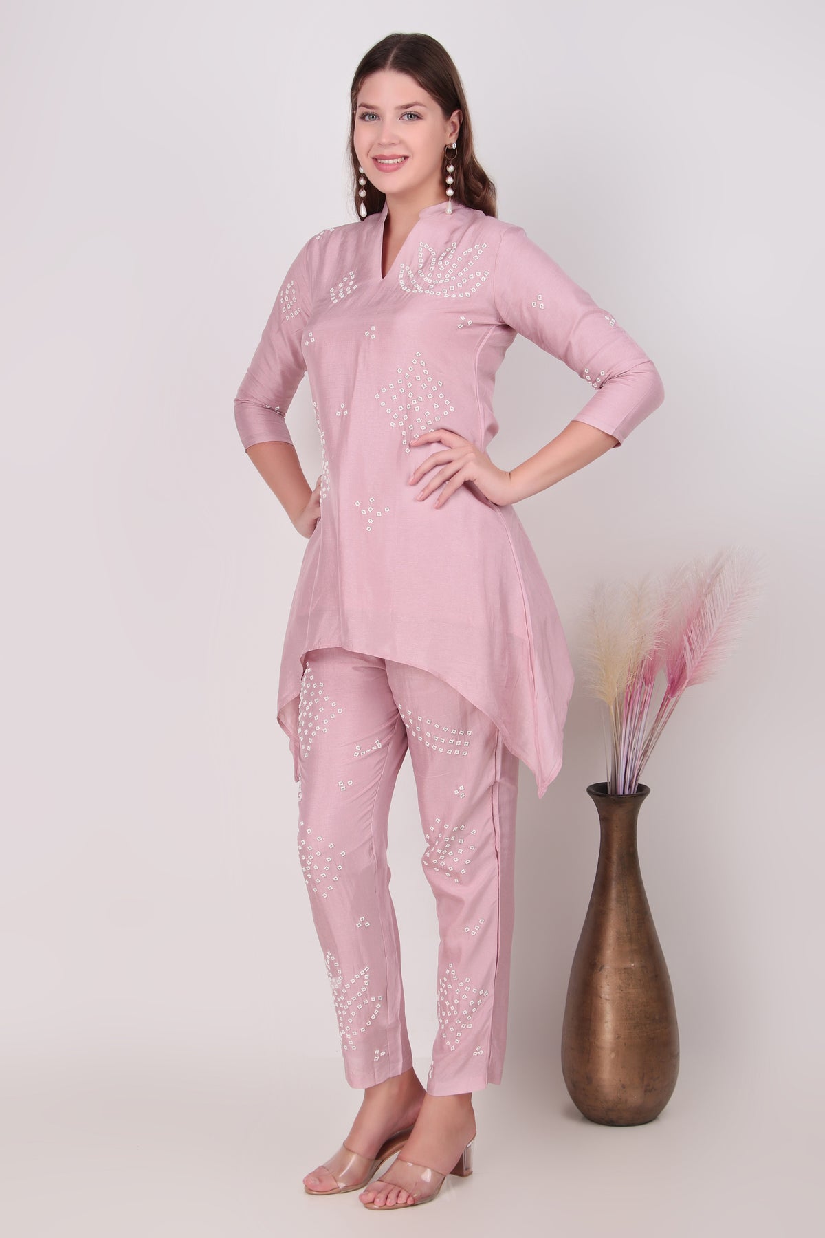 Ethereal Rose Pink Cotton-Silk Hand-Embellished Asymmetric Co-Ord Set