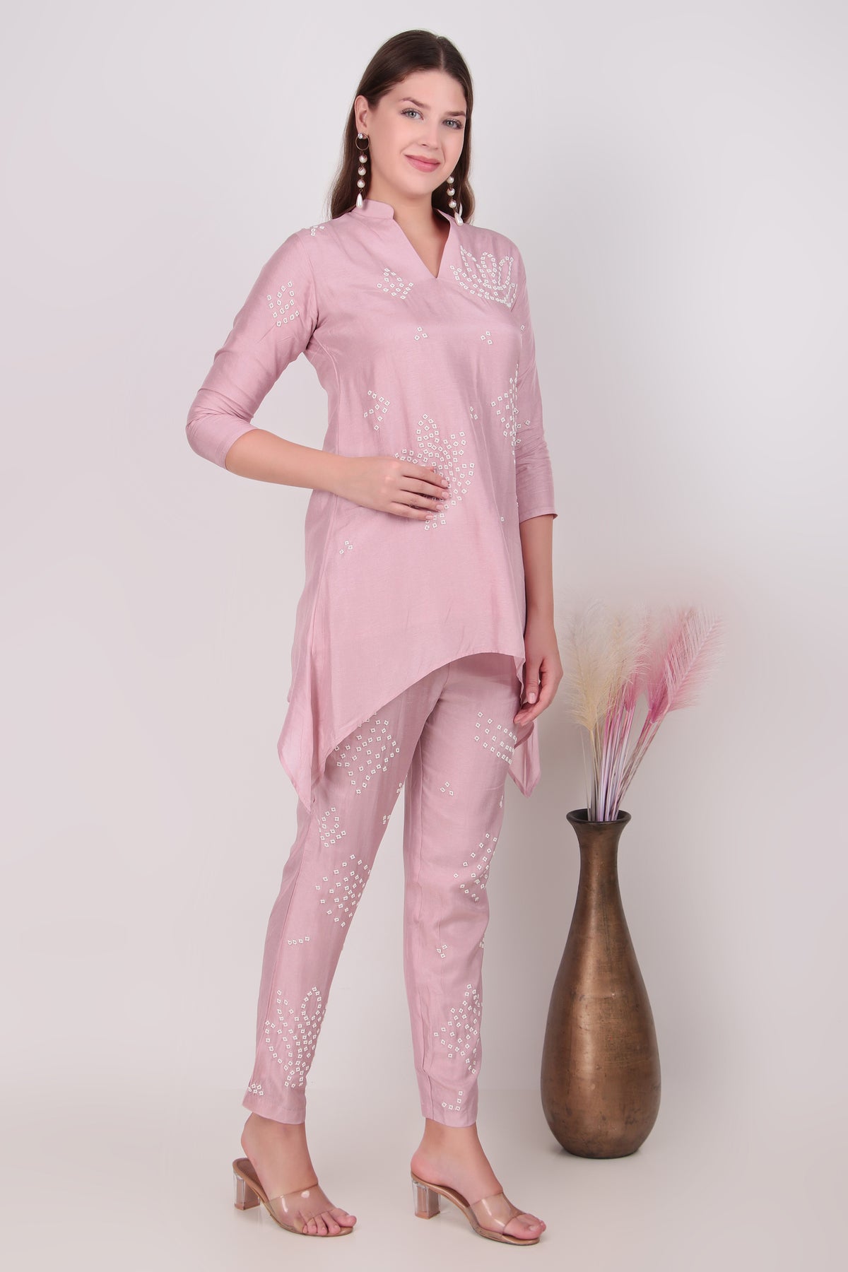 Ethereal Rose Pink Cotton-Silk Hand-Embellished Asymmetric Co-Ord Set