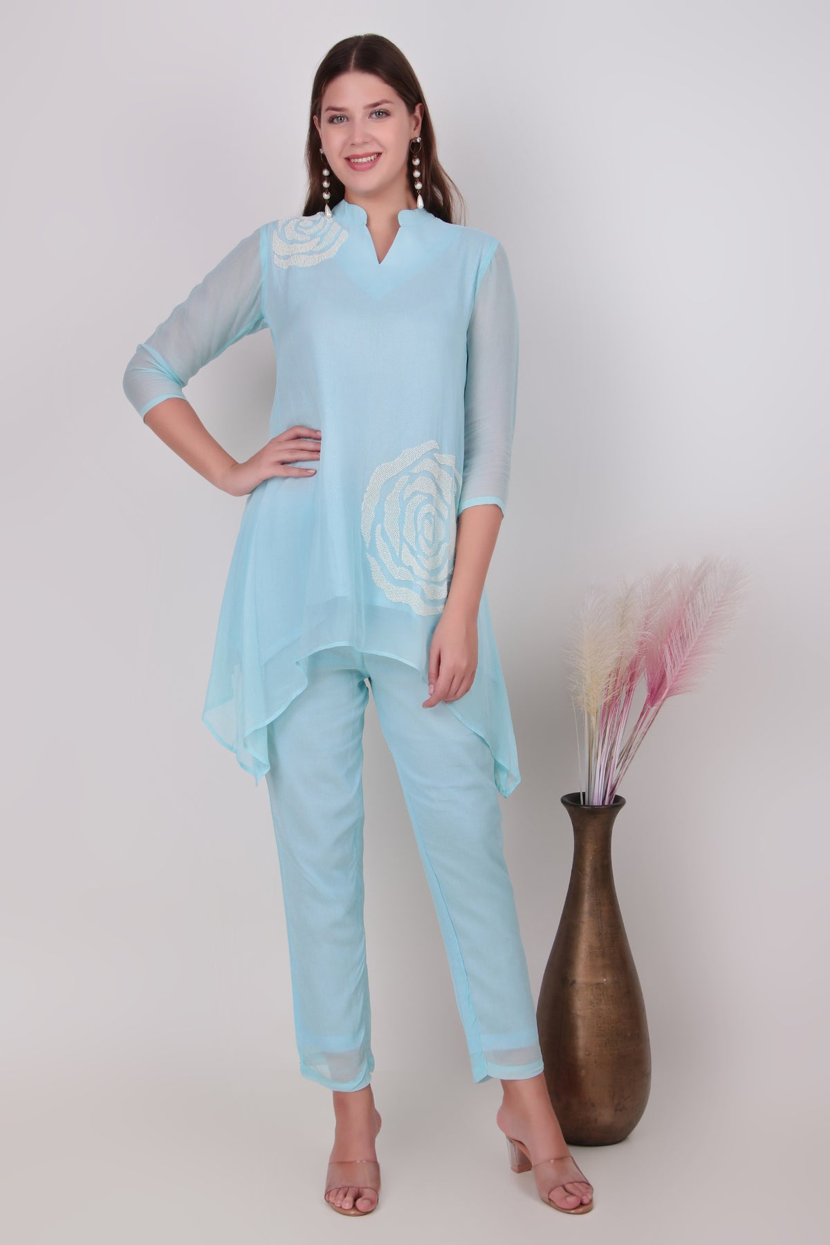 Sky Blue Cotton-Silk Rose Applique Asymmetric Tunic and Pants Co-Ord Set