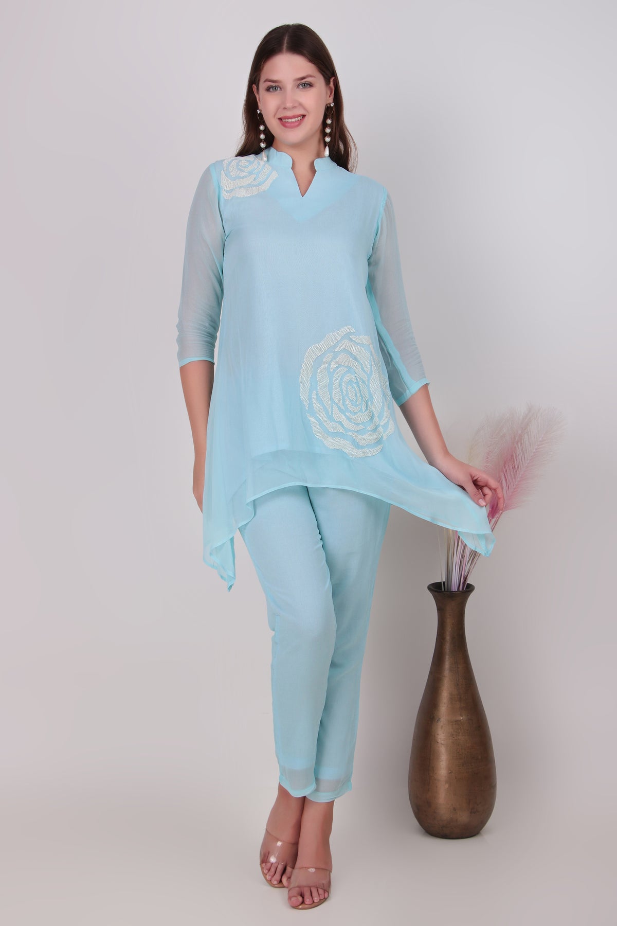Sky Blue Cotton-Silk Rose Applique Asymmetric Tunic and Pants Co-Ord Set