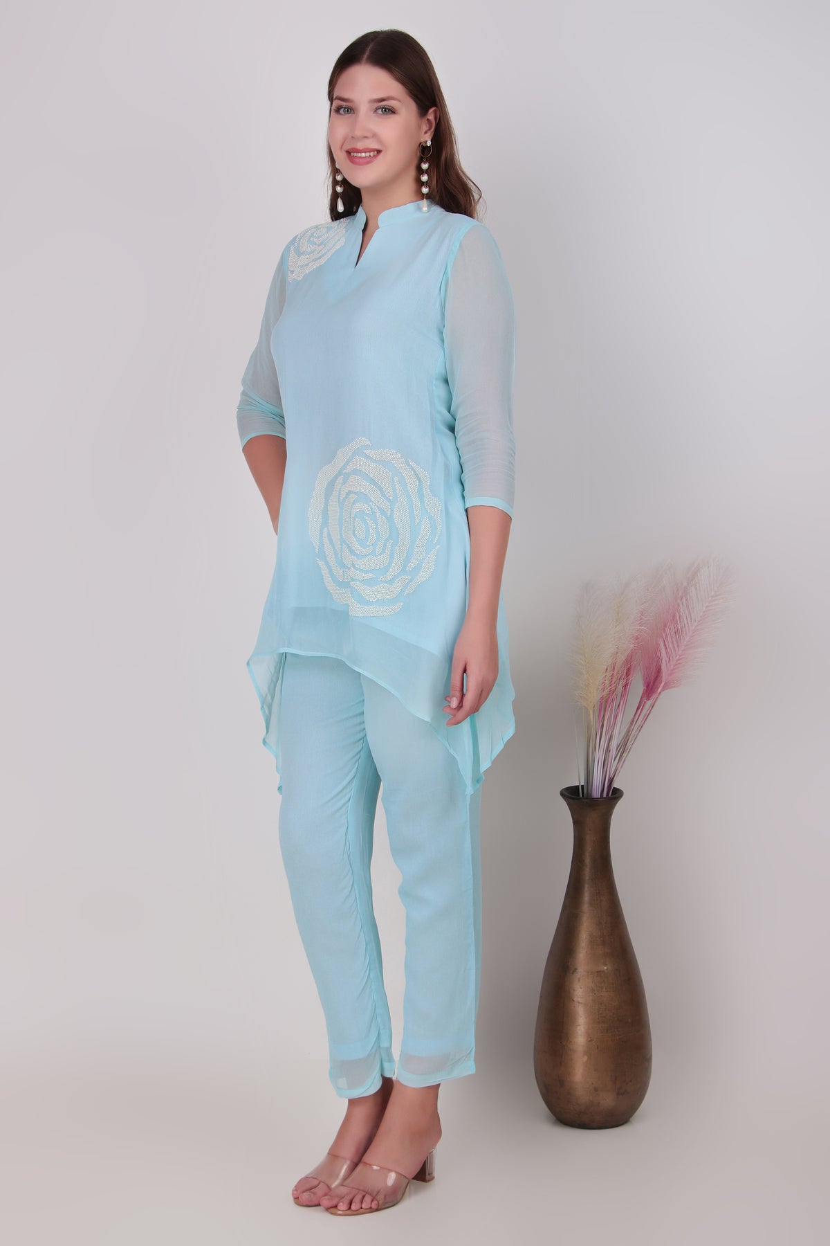 Sky Blue Cotton-Silk Rose Applique Asymmetric Tunic and Pants Co-Ord Set