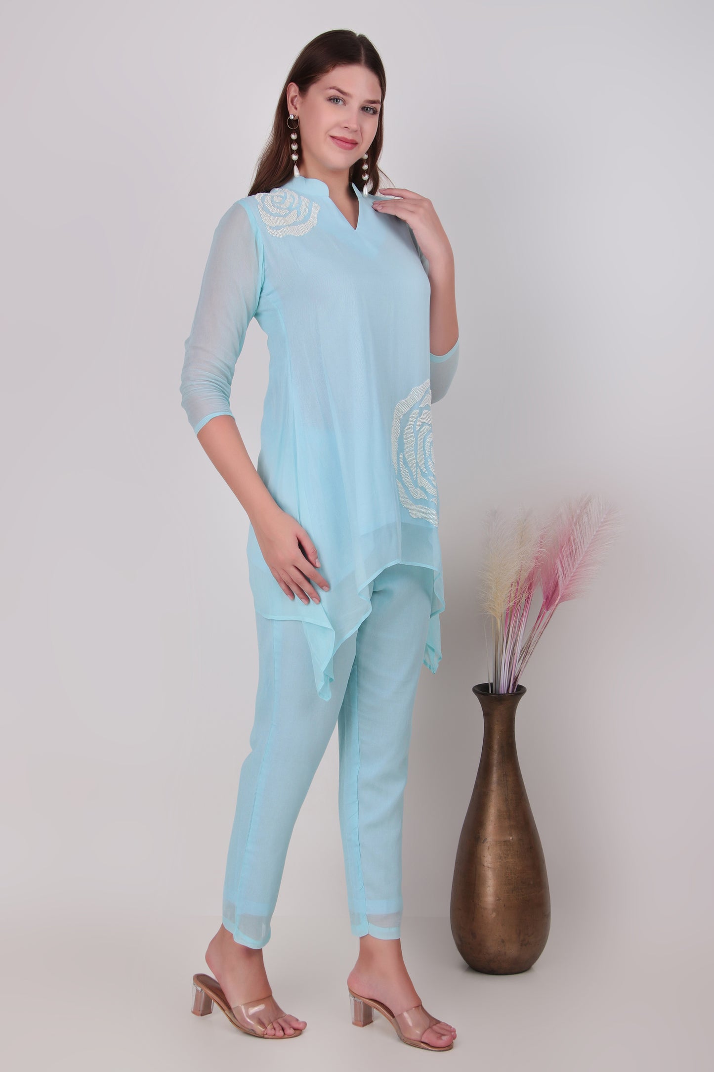 Sky Blue Cotton-Silk Rose Applique Asymmetric Tunic and Pants Co-Ord Set
