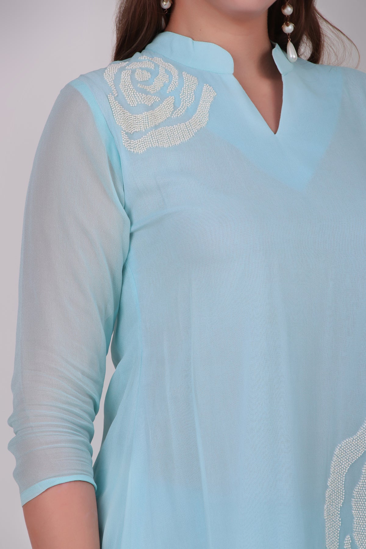 Sky Blue Cotton-Silk Rose Applique Asymmetric Tunic and Pants Co-Ord Set