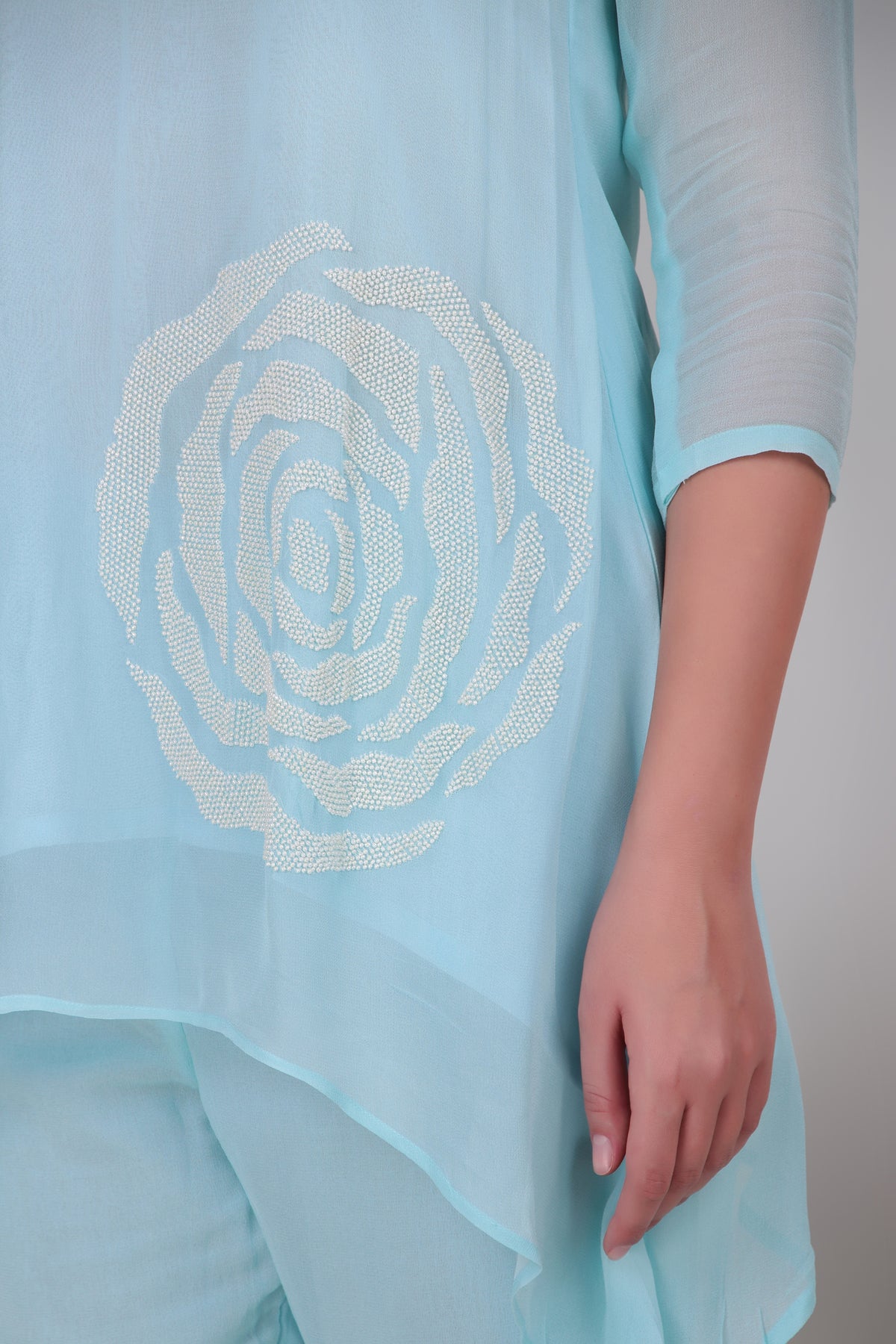 Sky Blue Cotton-Silk Rose Applique Asymmetric Tunic and Pants Co-Ord Set