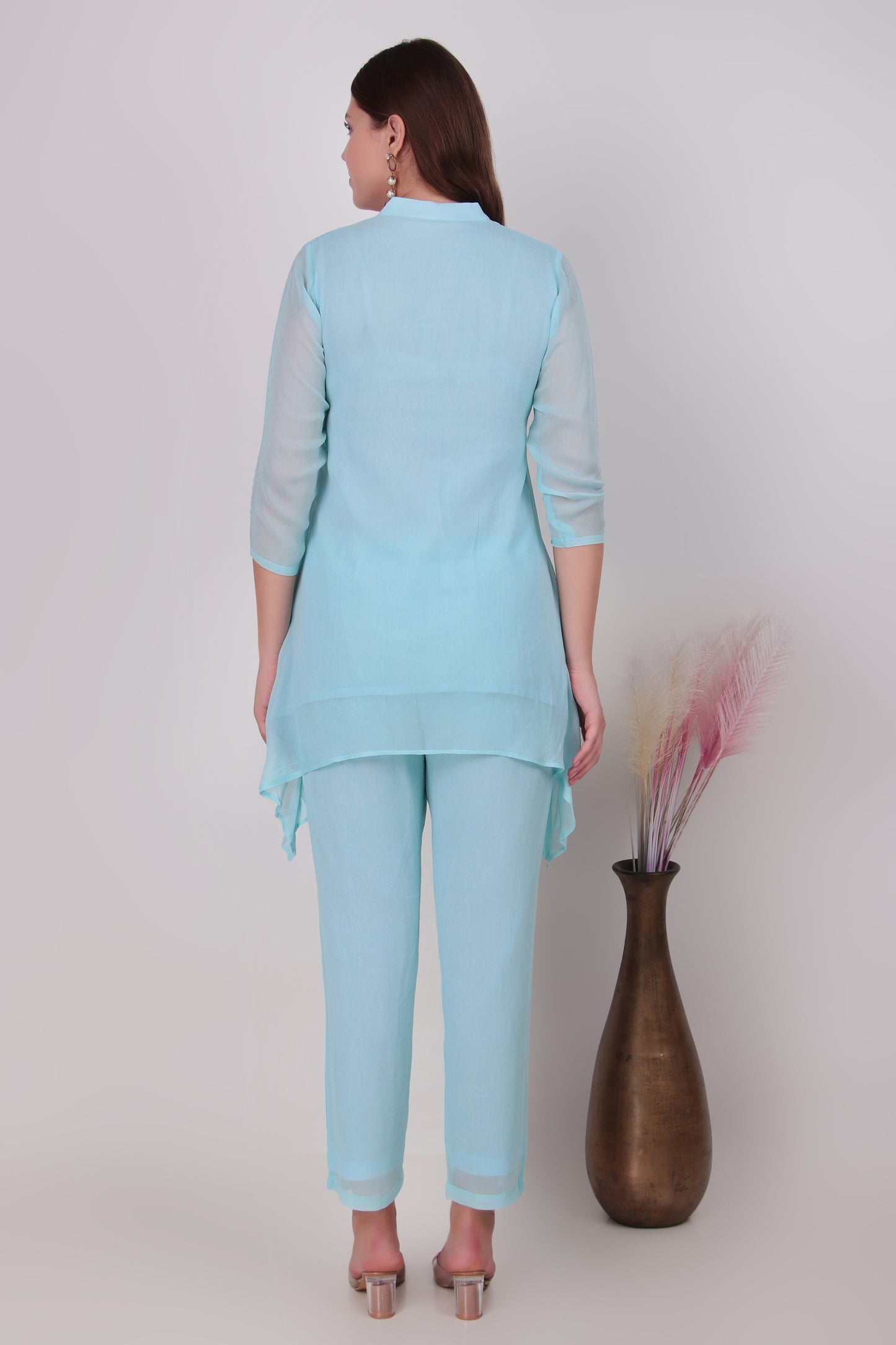 Sky Blue Cotton-Silk Rose Applique Asymmetric Tunic and Pants Co-Ord Set