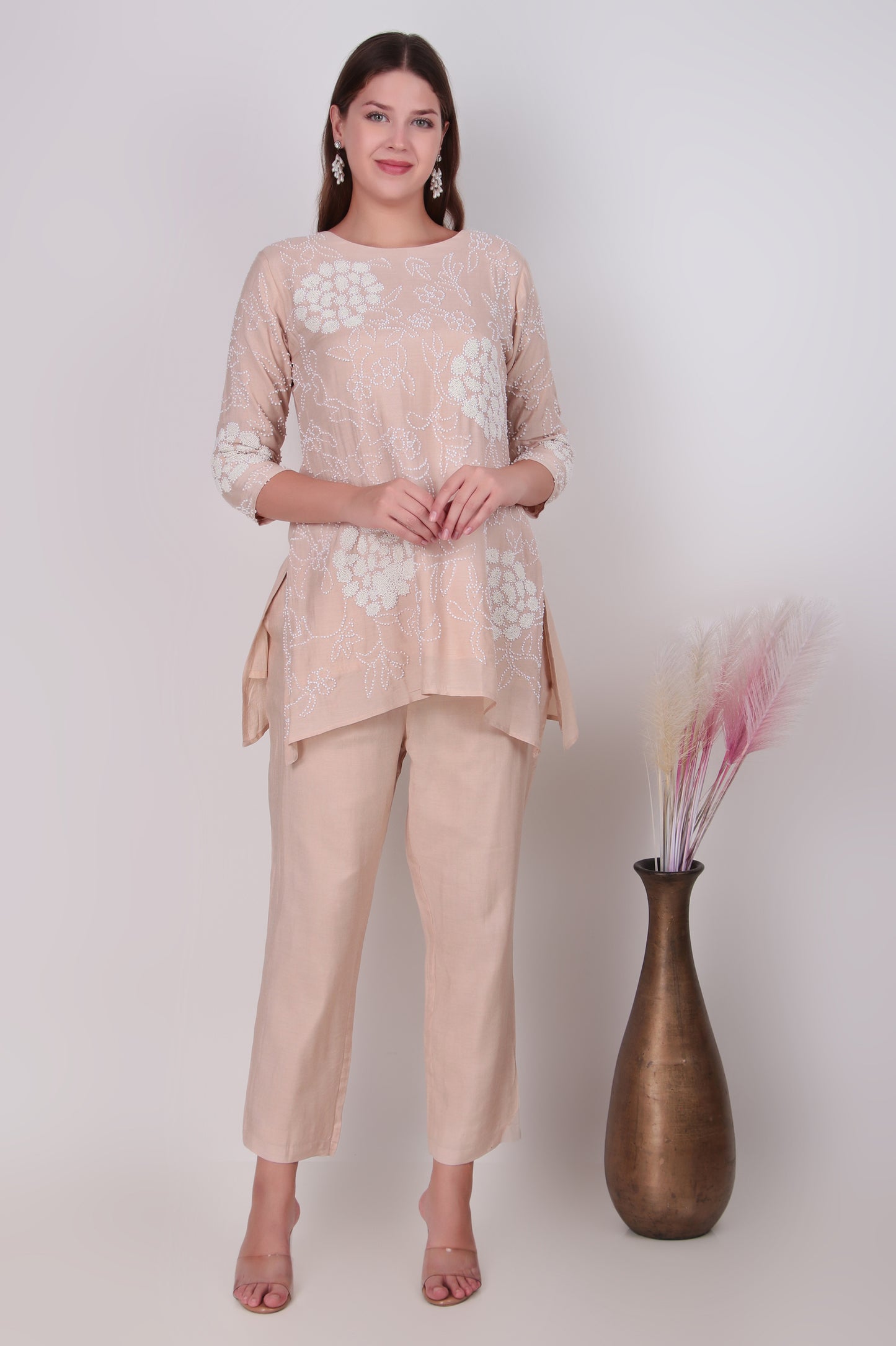 Beige Cotton-Silk Floral Embroidered Tunic and Pant Coord Set