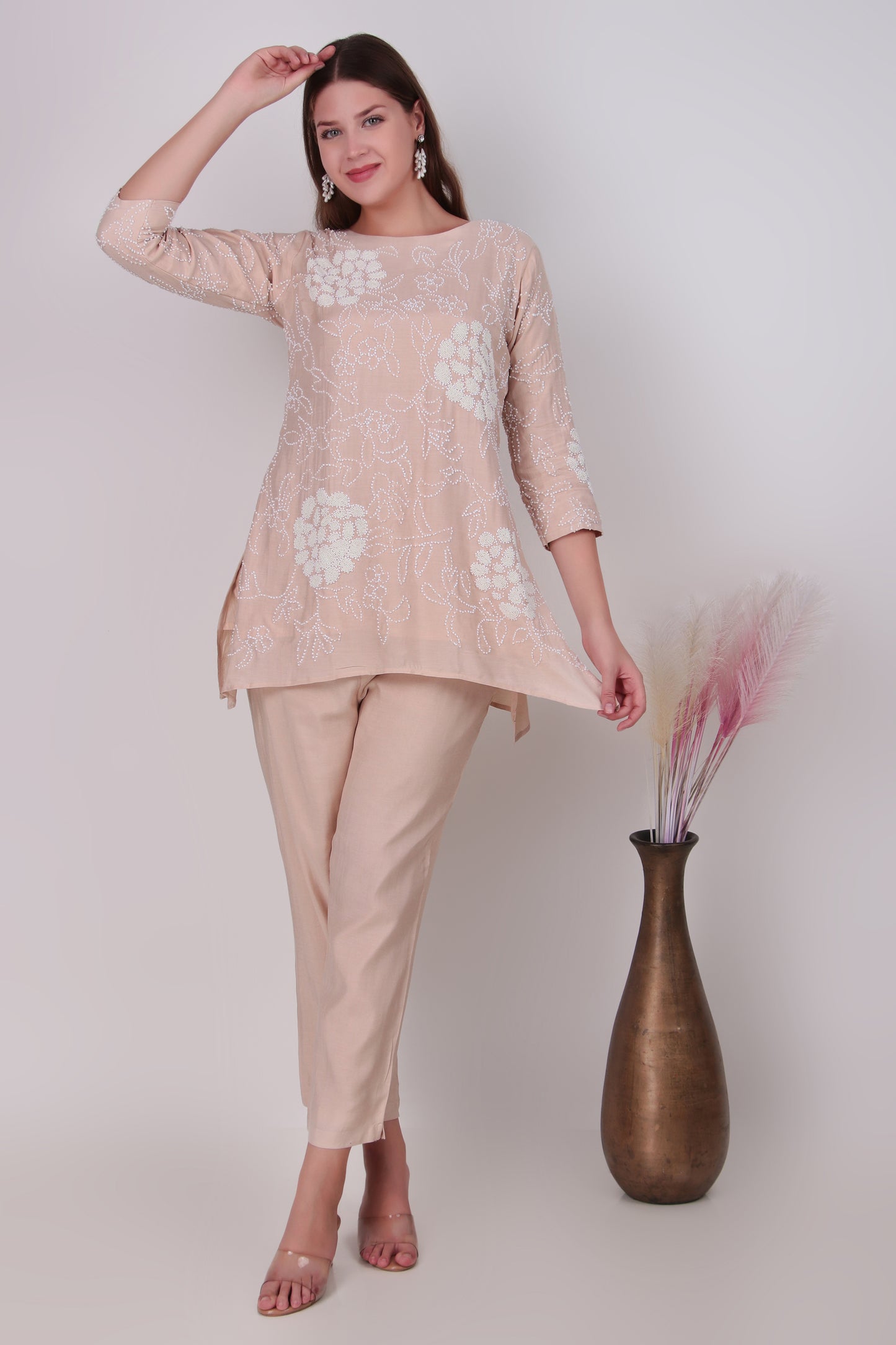 Beige Cotton-Silk Floral Embroidered Tunic and Pant Coord Set