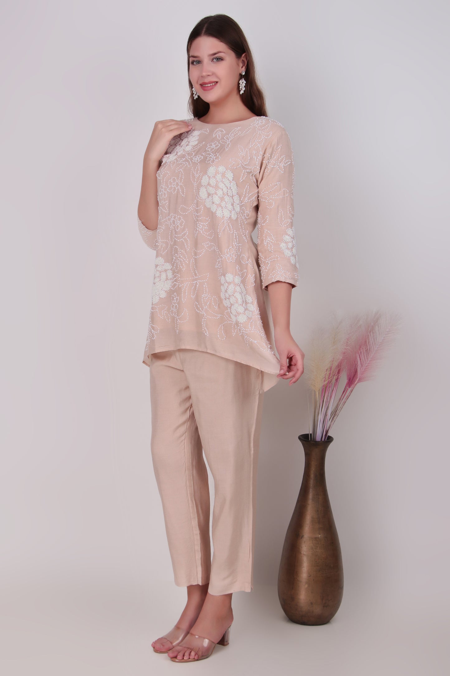 Beige Cotton-Silk Floral Embroidered Tunic and Pant Coord Set