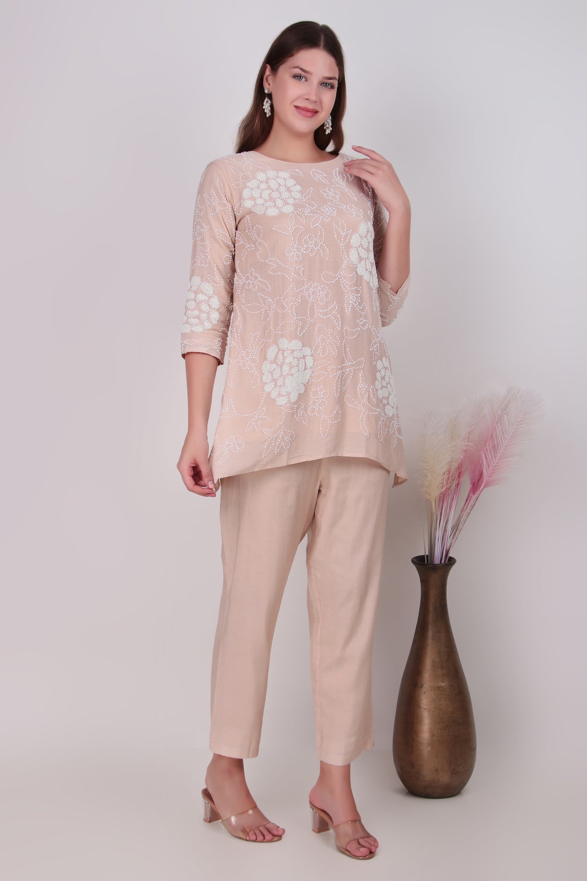 Beige Cotton-Silk Floral Embroidered Tunic and Pant Coord Set