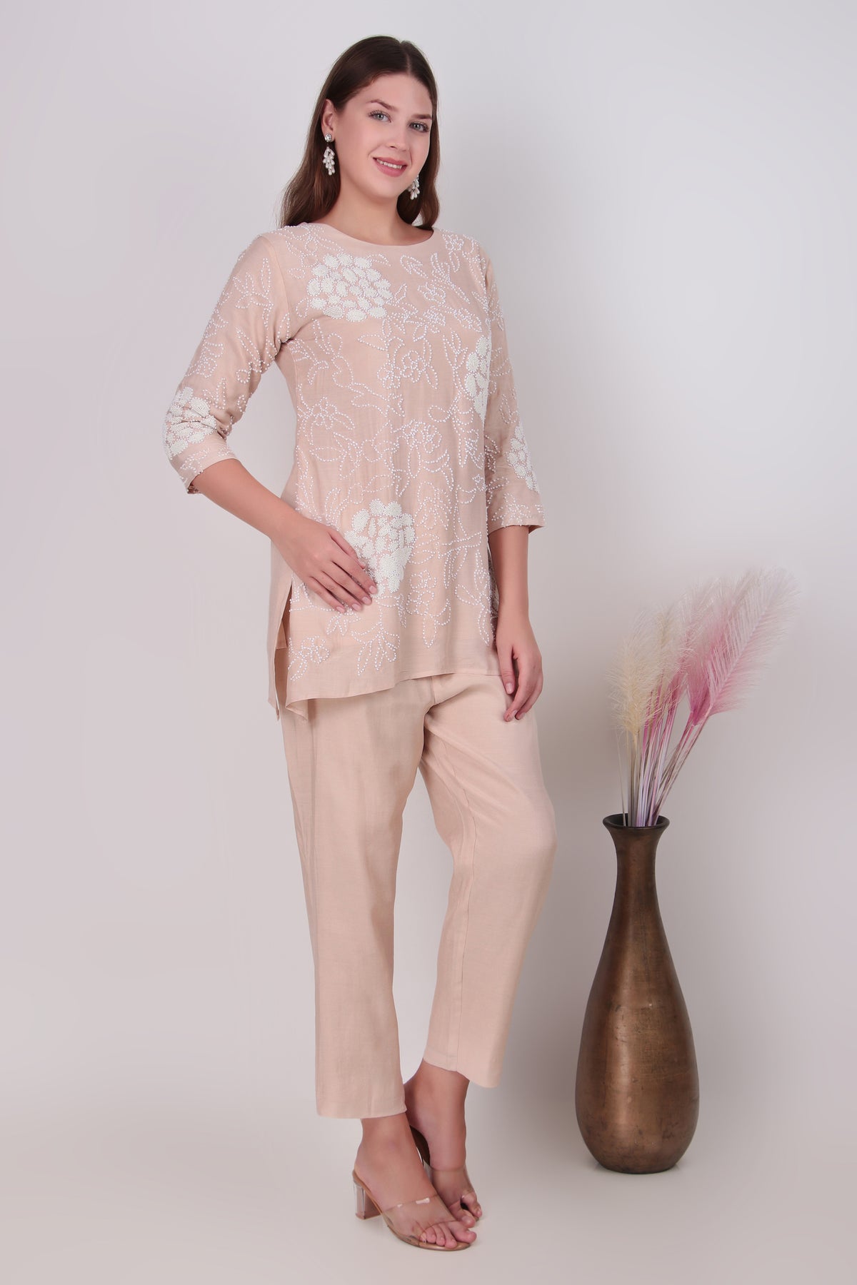 Beige Cotton-Silk Floral Embroidered Tunic and Pant Coord Set