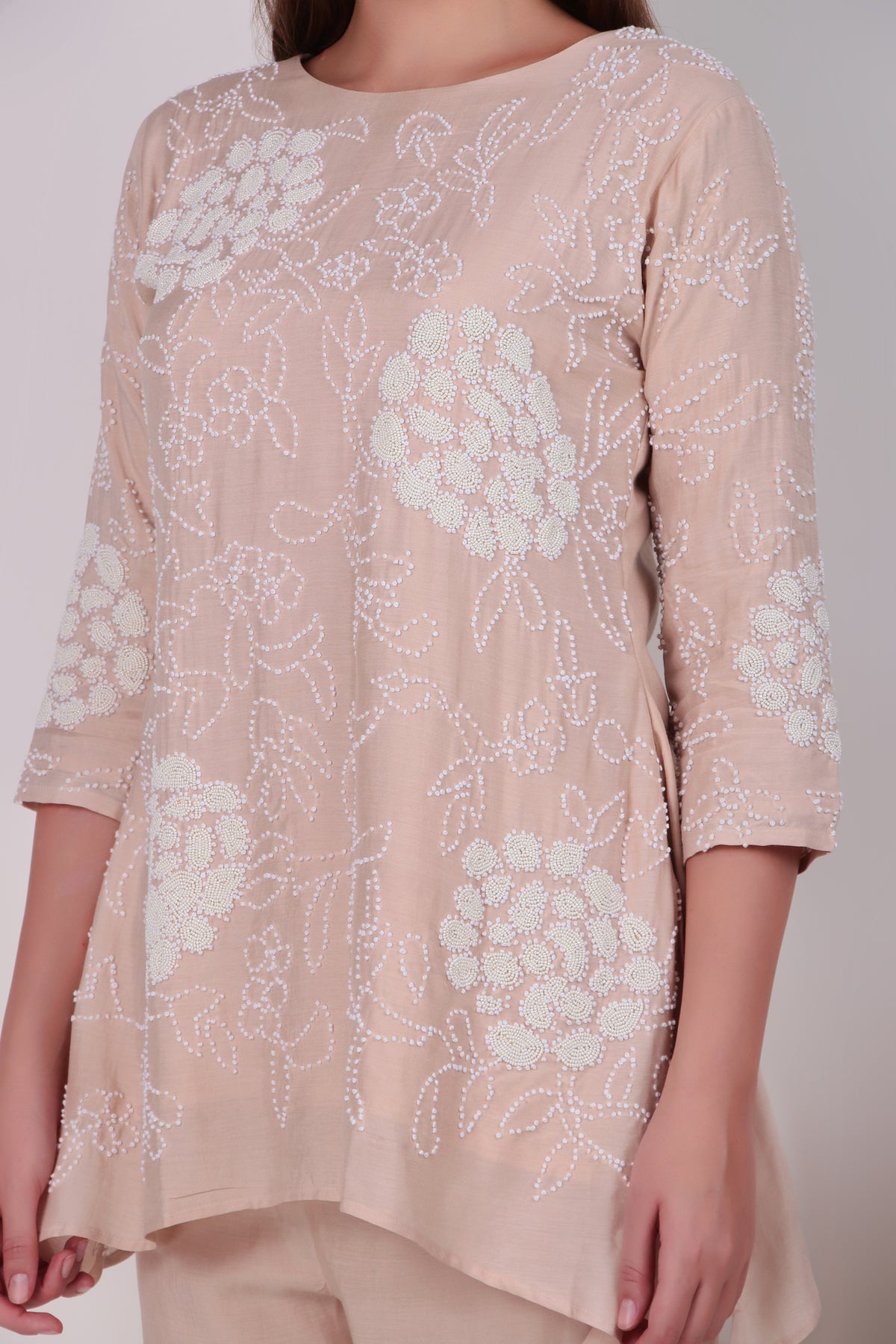 Beige Cotton-Silk Floral Embroidered Tunic and Pant Coord Set