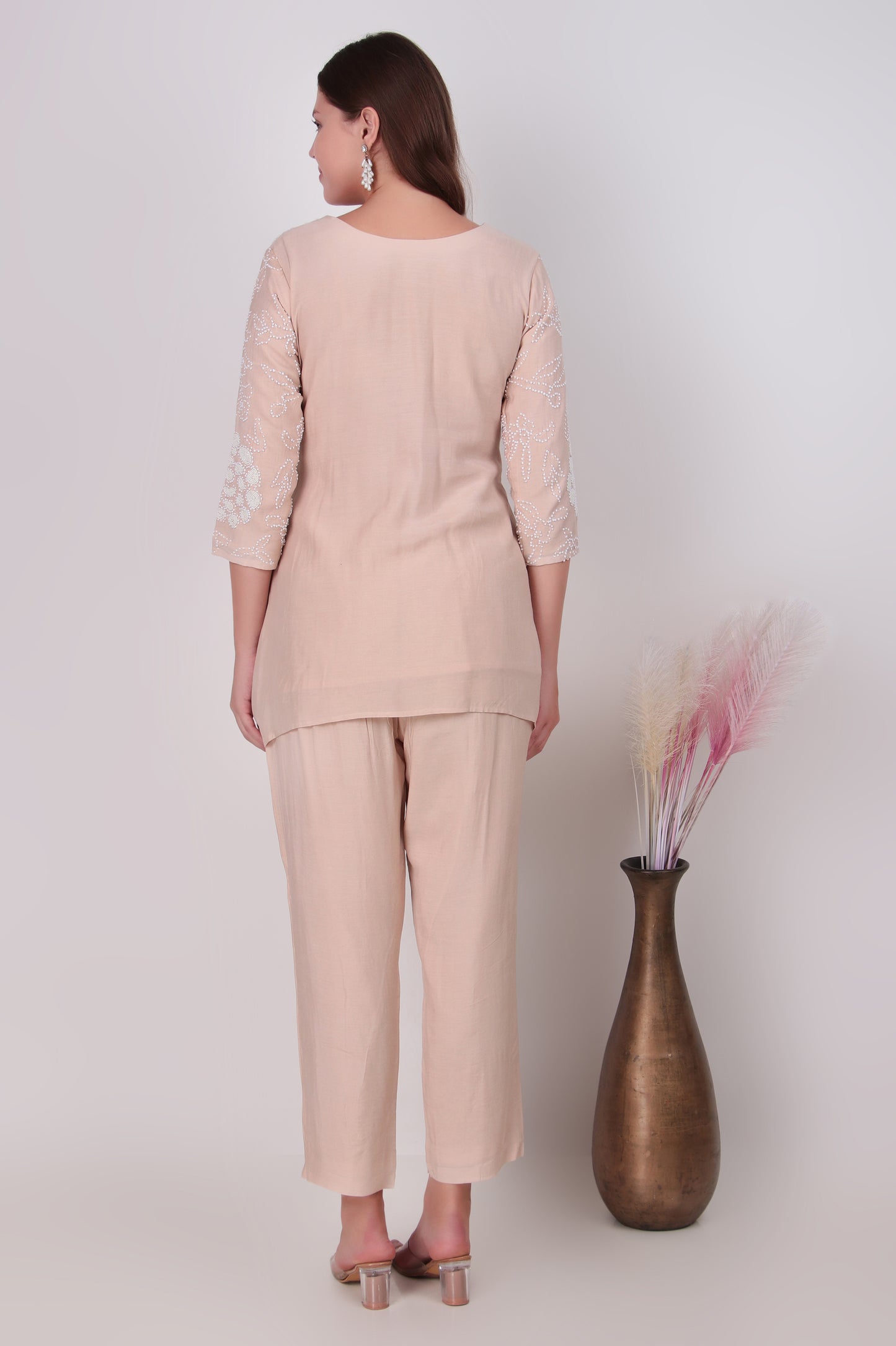 Beige Cotton-Silk Floral Embroidered Tunic and Pant Coord Set