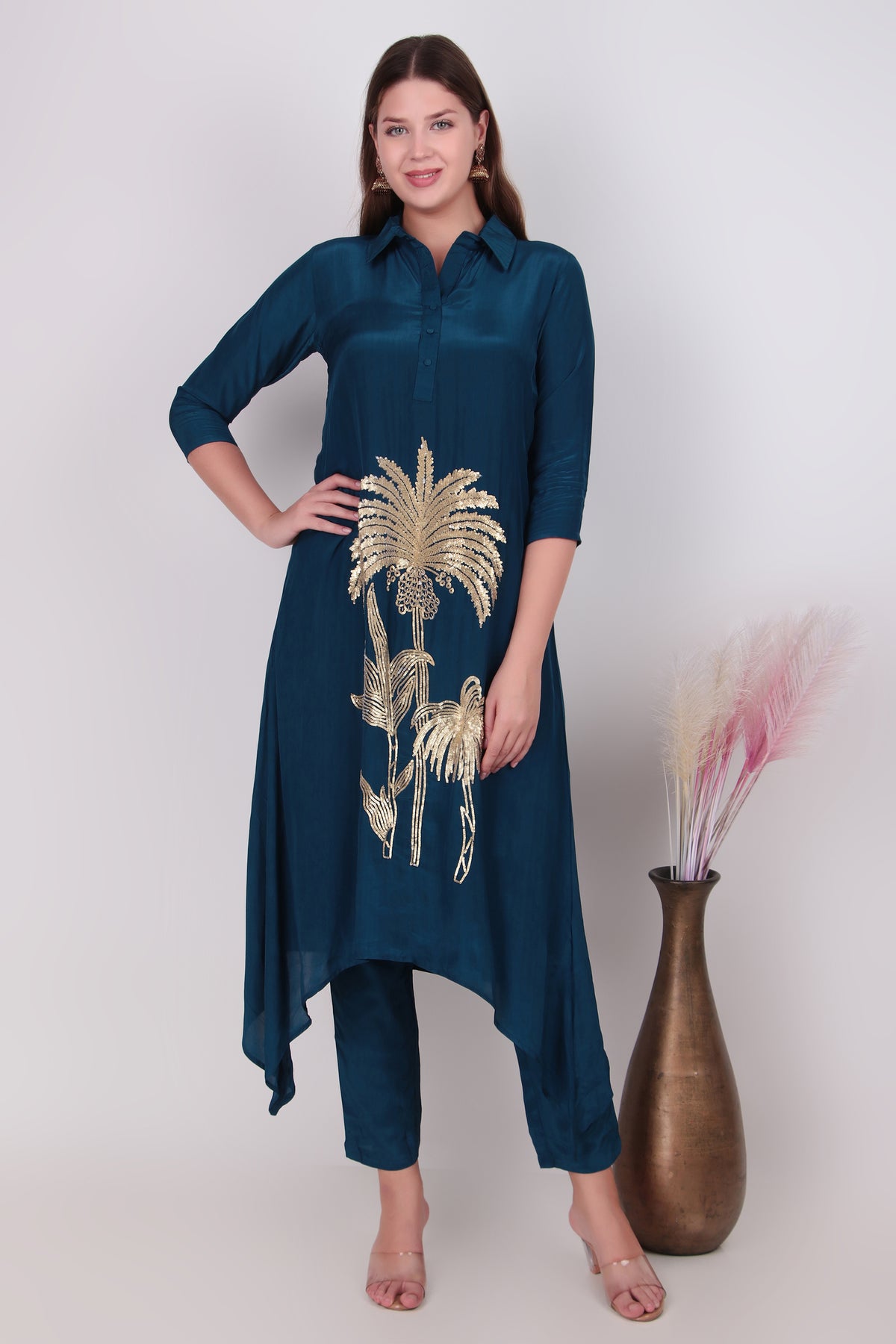 Teal Blue Cotton-Silk Palm Tree Applique Asymmetric Kurta and Pant Set