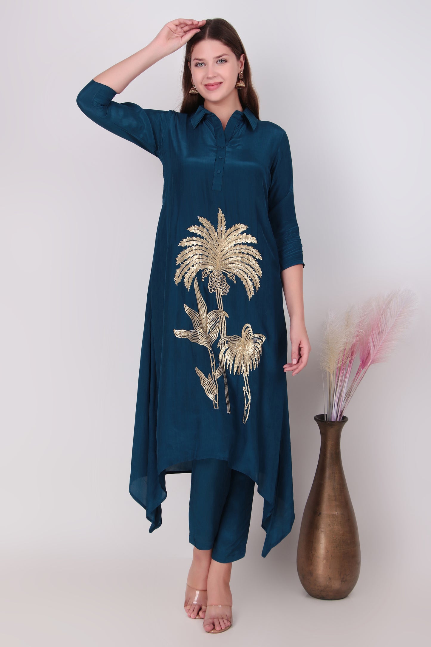 Teal Blue Cotton-Silk Palm Tree Applique Asymmetric Kurta and Pant Set