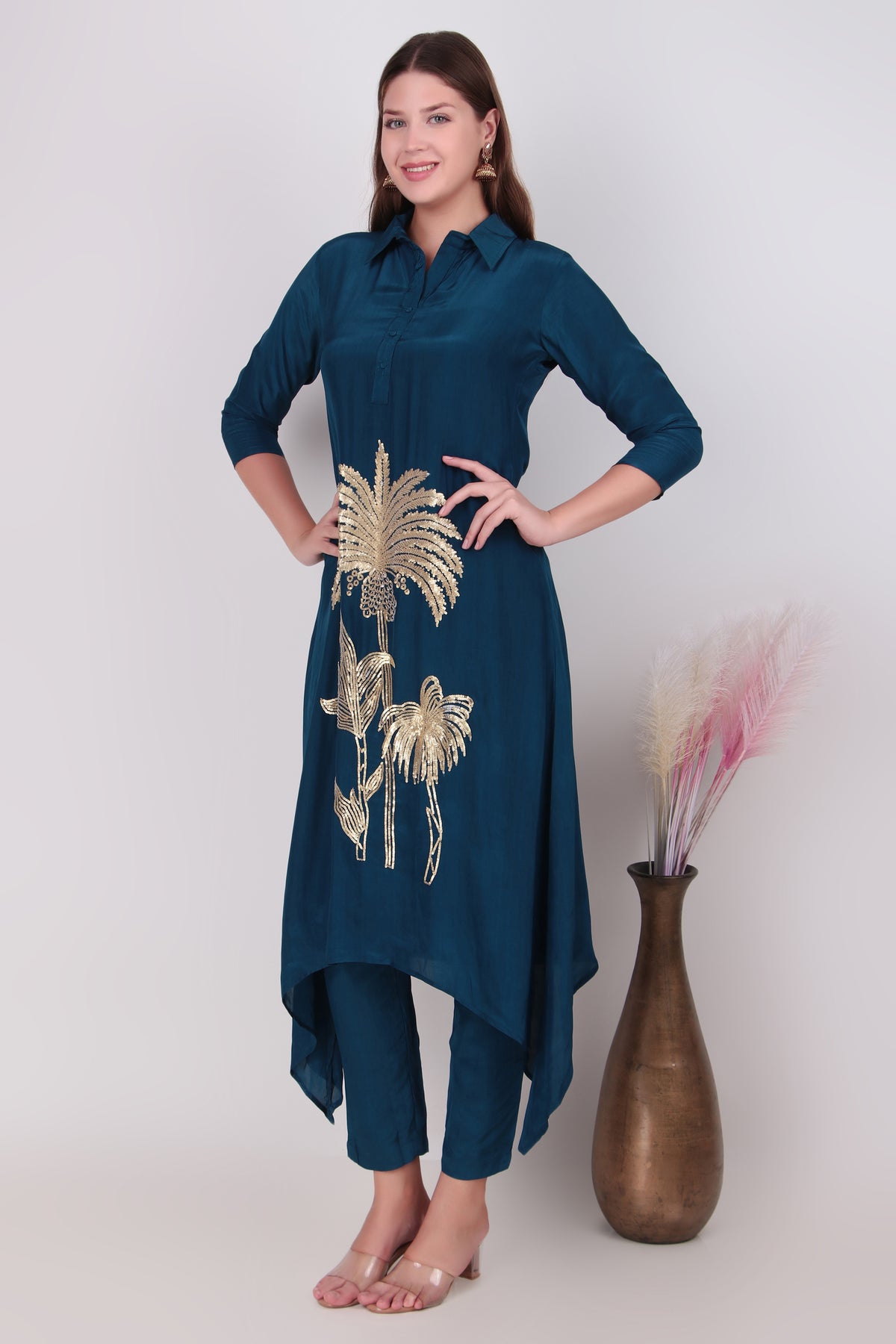 Teal Blue Cotton-Silk Palm Tree Applique Asymmetric Kurta and Pant Set
