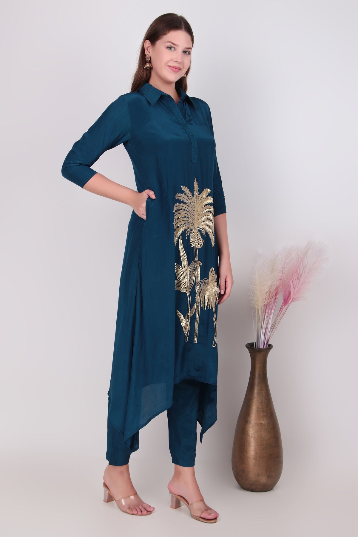 Teal Blue Cotton-Silk Palm Tree Applique Asymmetric Kurta and Pant Set