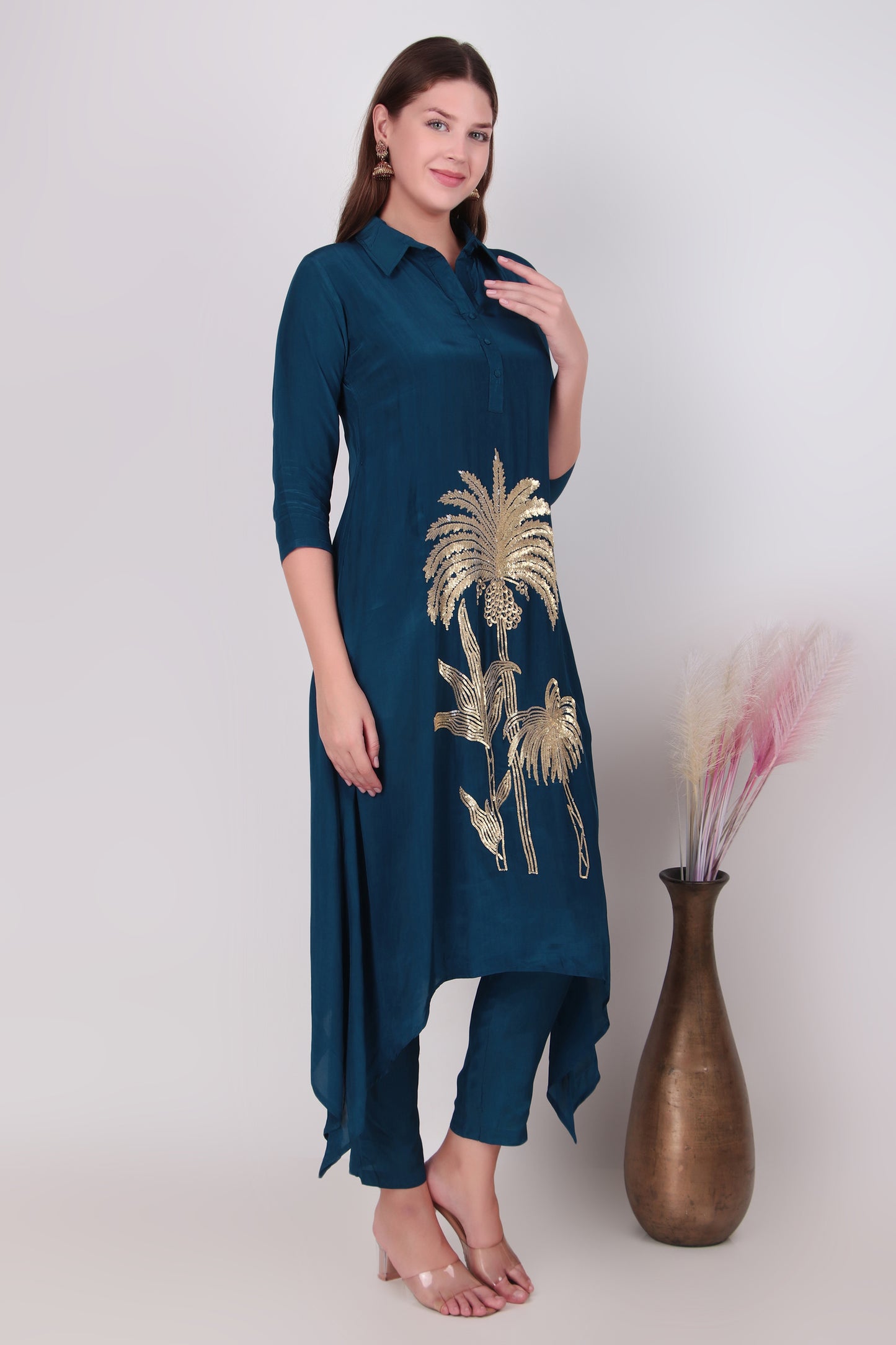Teal Blue Cotton-Silk Palm Tree Applique Asymmetric Kurta and Pant Set