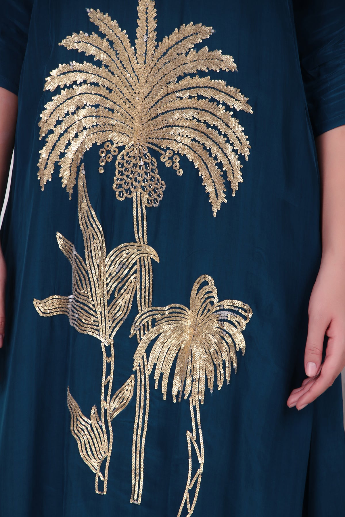 Teal Blue Cotton-Silk Palm Tree Applique Asymmetric Kurta and Pant Set