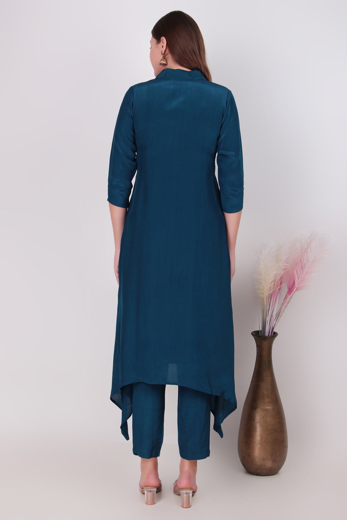 Teal Blue Cotton-Silk Palm Tree Applique Asymmetric Kurta and Pant Set