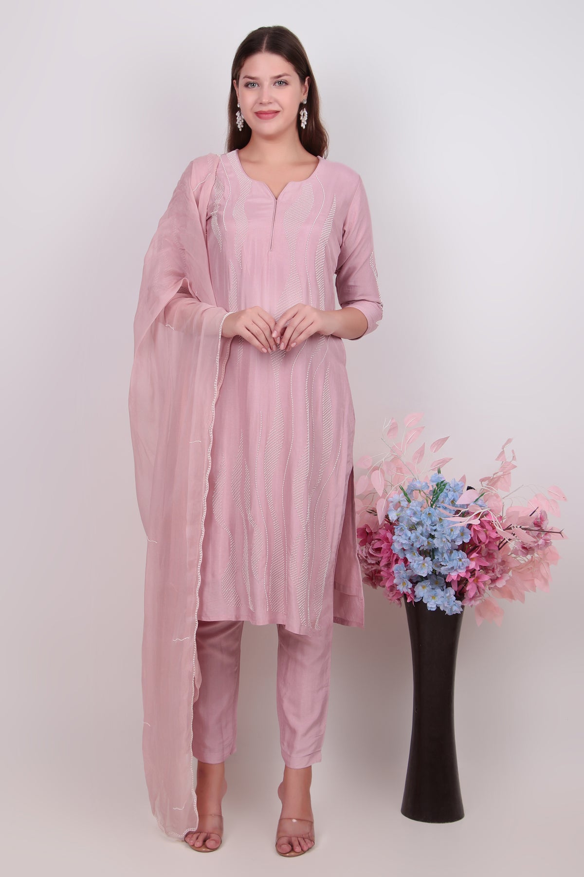 Ethereal Rose Pink Cotton-Silk Kurta, Trouser & Matching Dupatta Set