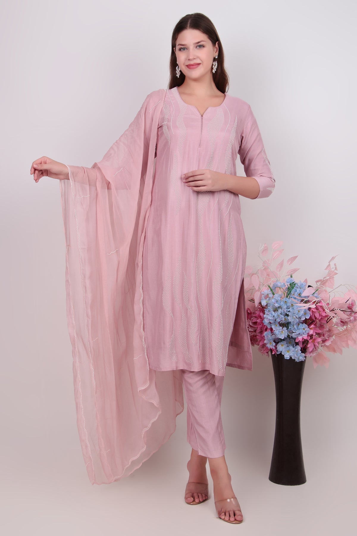 Ethereal Rose Pink Cotton-Silk Kurta, Trouser & Matching Dupatta Set