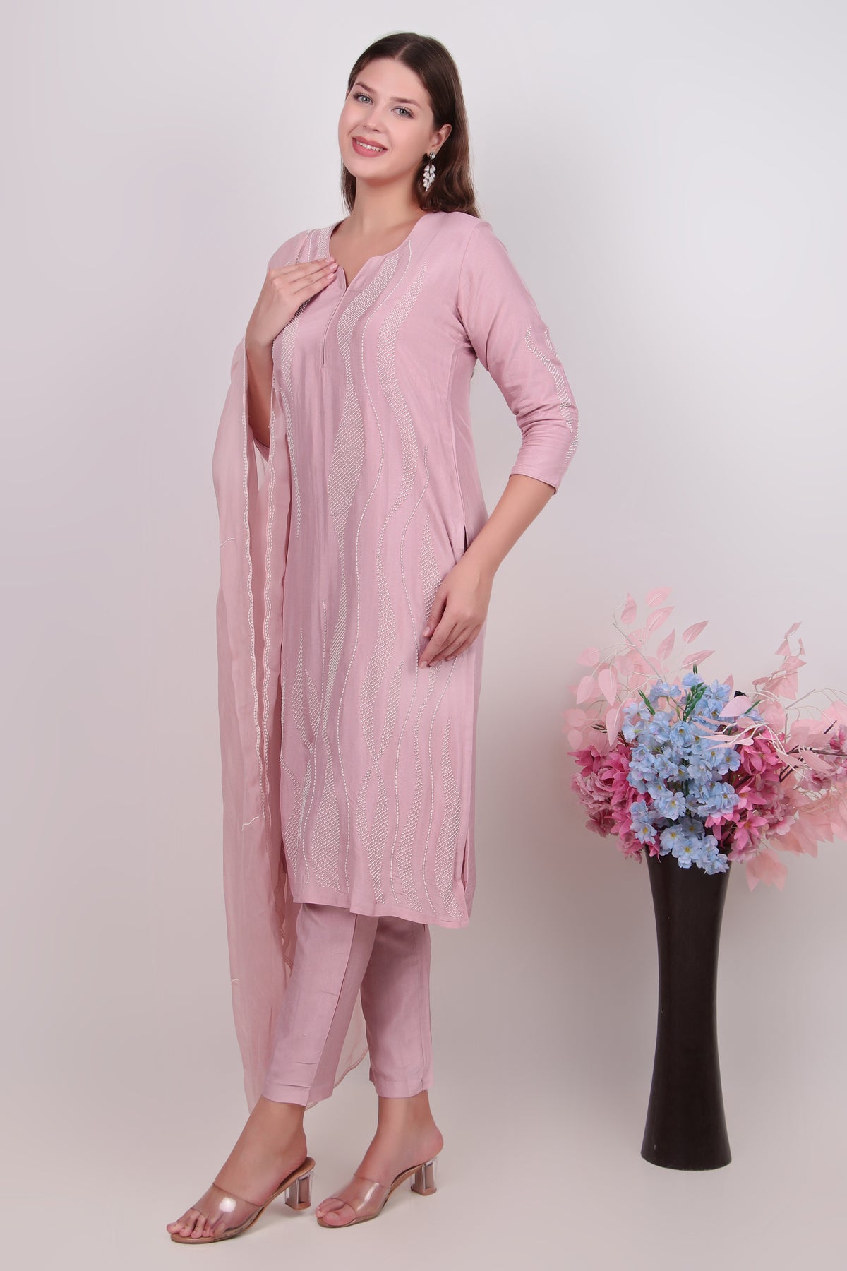 Ethereal Rose Pink Cotton-Silk Kurta, Trouser & Matching Dupatta Set
