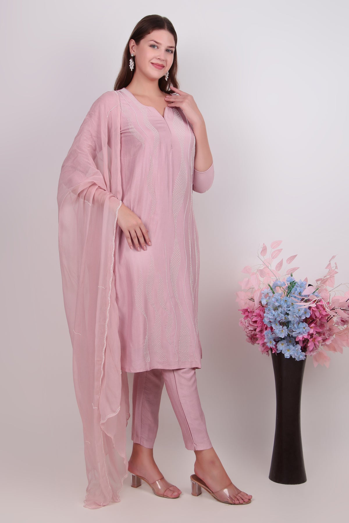 Ethereal Rose Pink Cotton-Silk Kurta, Trouser & Matching Dupatta Set