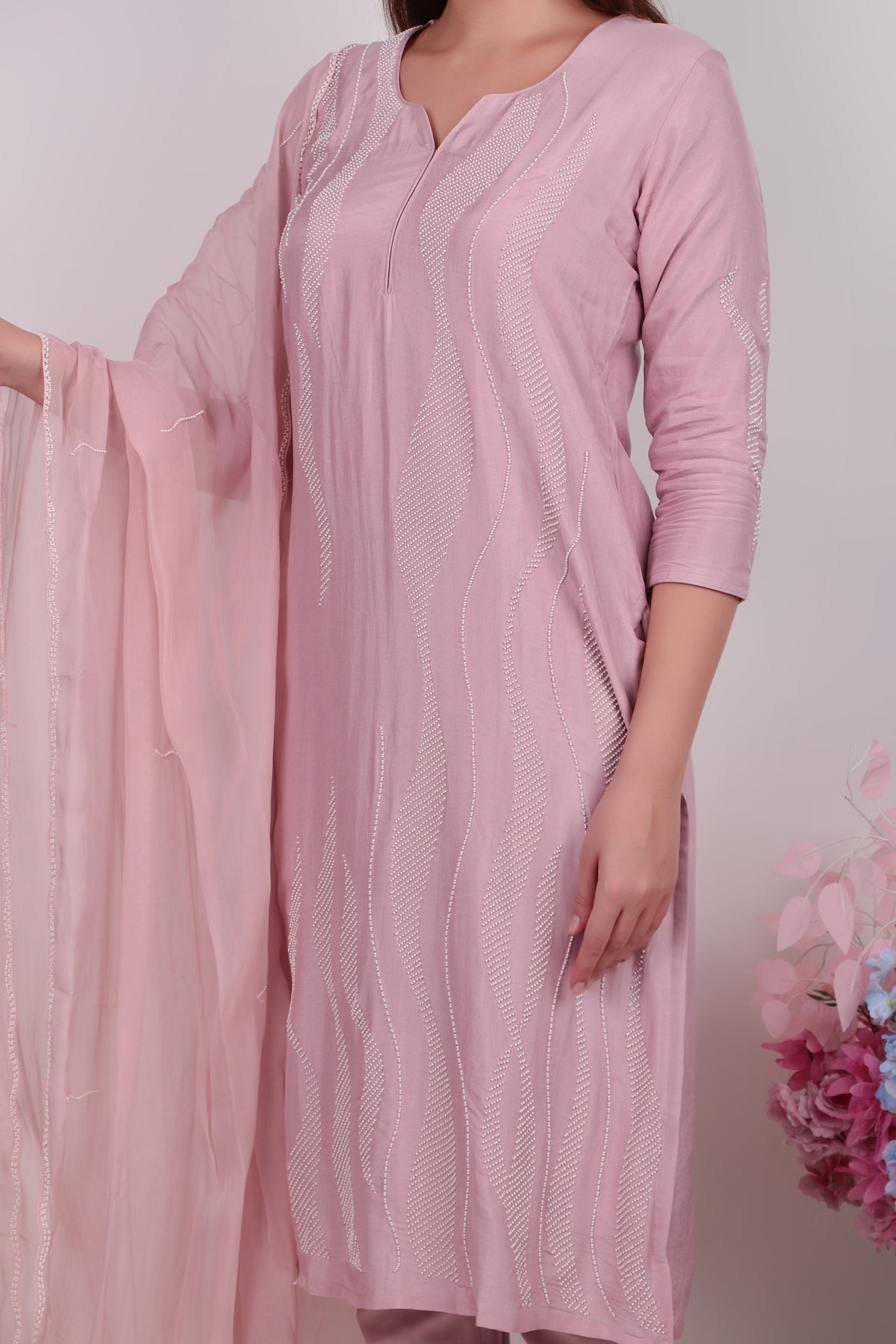 Ethereal Rose Pink Cotton-Silk Kurta, Trouser & Matching Dupatta Set