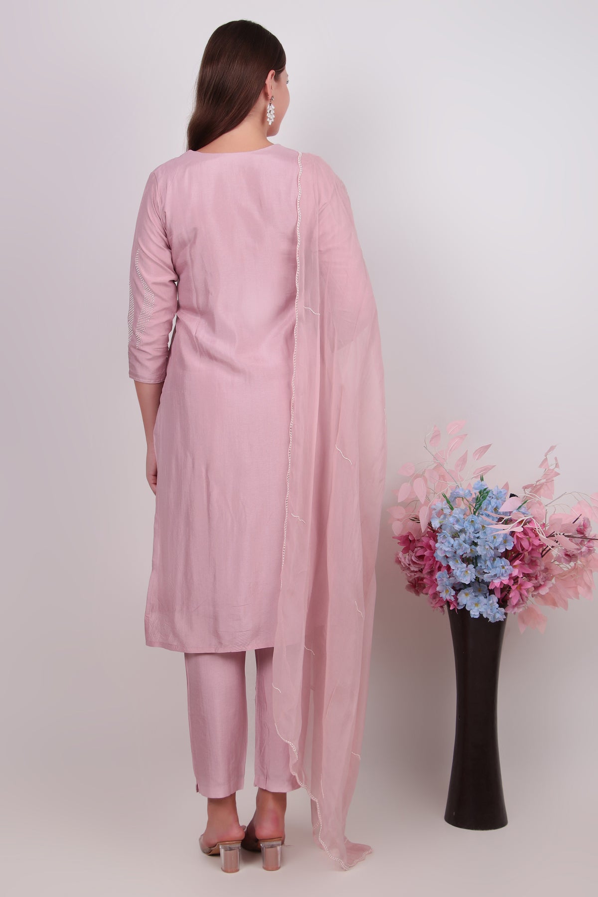 Ethereal Rose Pink Cotton-Silk Kurta, Trouser & Matching Dupatta Set