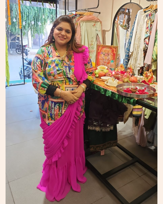 Drape saree with printed linen shirt