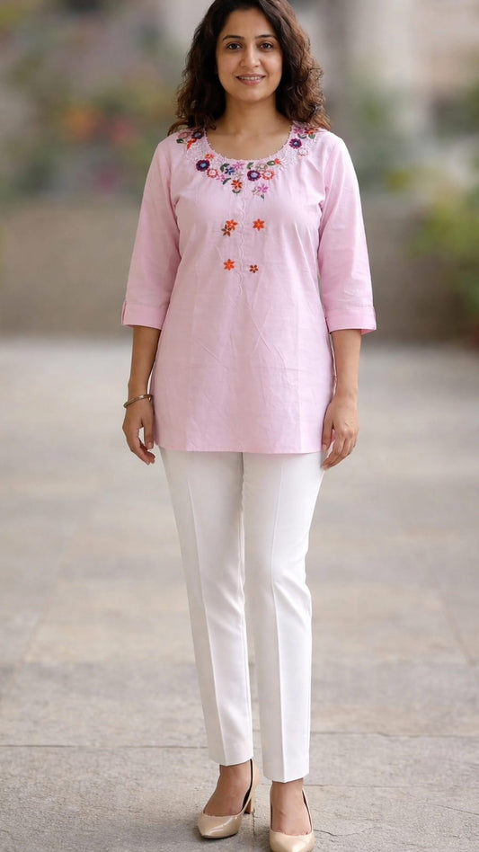 Light Pink Floral Embroidered Short Kurta