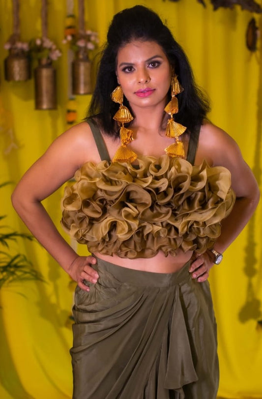 Olive Bloom Ruffle Dhoti Set