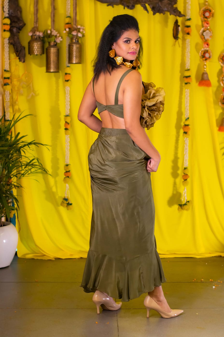 Olive Bloom Ruffle Dhoti Set